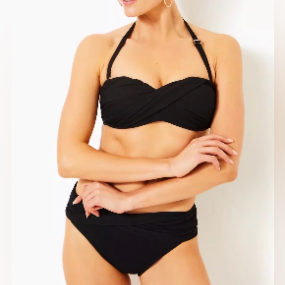 NWT Lilly Pulitzer Swimsuit Bikini 2PC Black Bandeau Top Sarong Waist Bottom 14